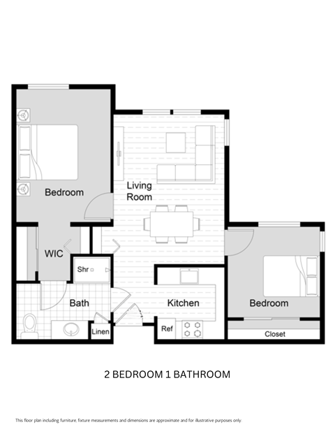 Floor plan for 2 beds, 1 bath, 795 sqft